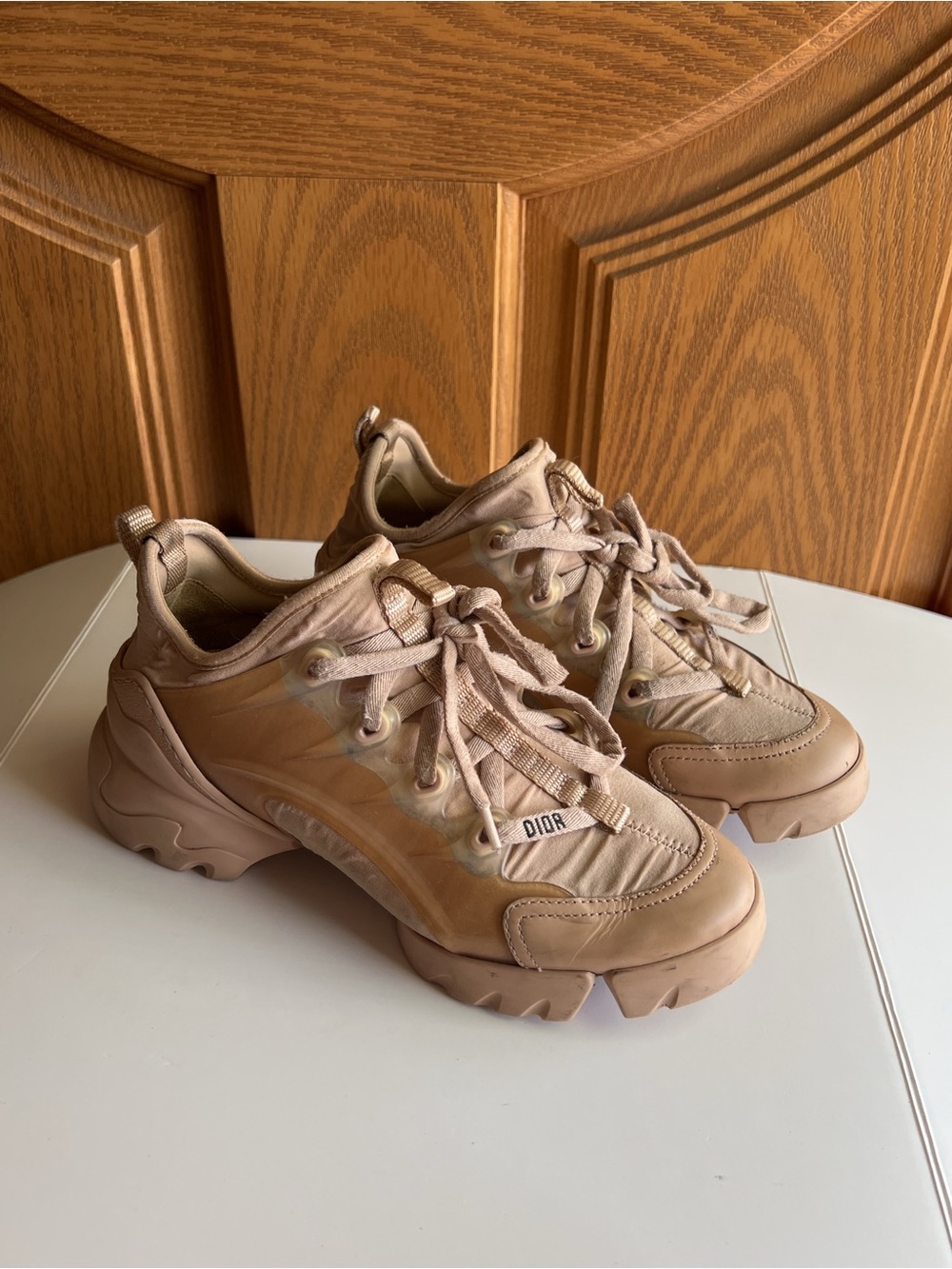 Dior D-Connect Neoprene Sneakers Beige Cream Knit Lace-Up Designer Shoes EU 34